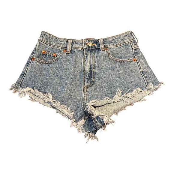 Topshop 'Kiri' High Waisted Light-Wash Frayed/Raw Hem Denim Jean Shorts sz 4 - Picture 3 of 5